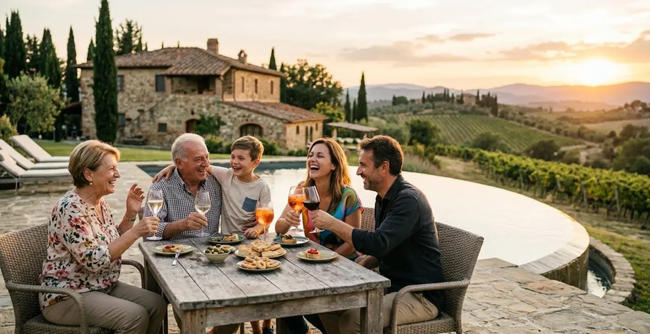 Vista aerea di agriturismo con piscina, vigneti e servizi di alta gamma in campagna italiana
