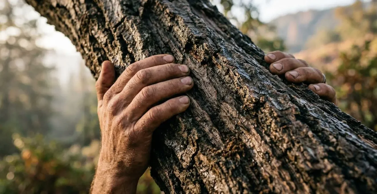 Persona che si allena usando elementi naturali della collina all'alba