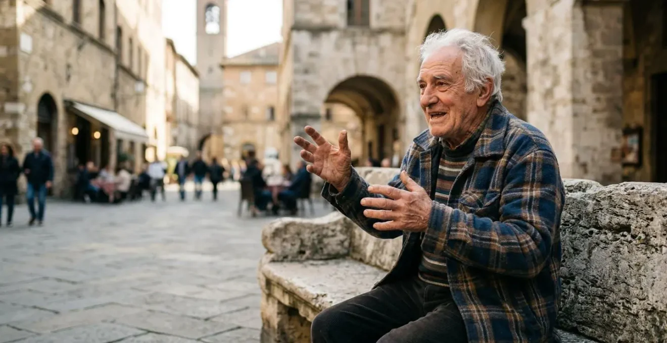 Anziano seduto su panchina di pietra in piazza medievale mentre racconta storie