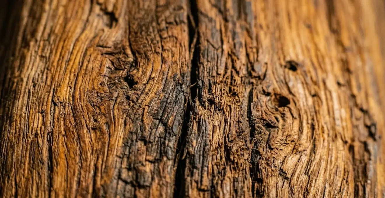 Dettaglio ravvicinato delle venature naturali di una trave in castagno antico che mostra la texture calda del legno