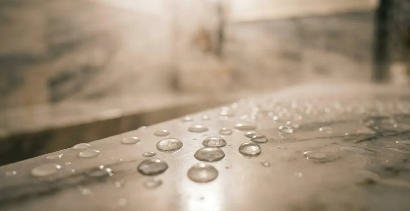 Dettaglio macro di gocce d'acqua su marmo pulito nel bagno turco