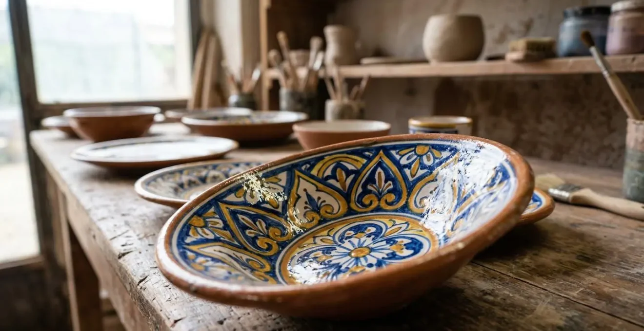 Interno di bottega artigiana con ceramiche dipinte a mano in un borgo medievale