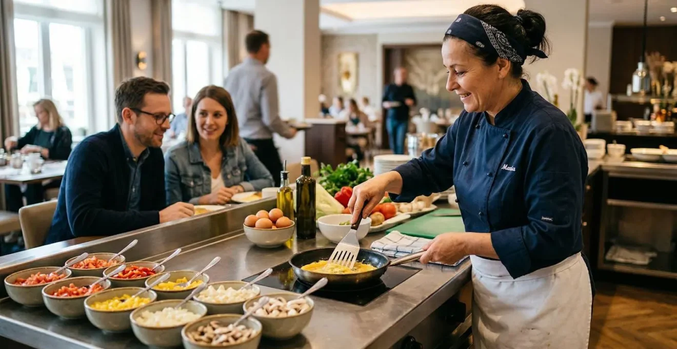 Buffet sostenibile con contenitori piccoli e stazione di live cooking