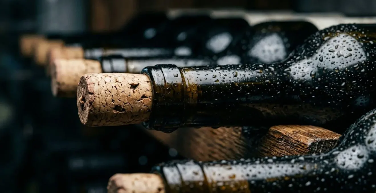 Cantina domestica con condizioni ideali di conservazione del vino, bottiglie coricate al buio e a temperatura controllata.