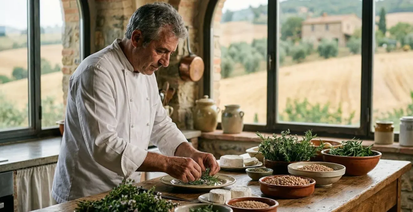 Chef privato che prepara ingredienti locali freschi in una cucina di villa italiana con vista sulla campagna