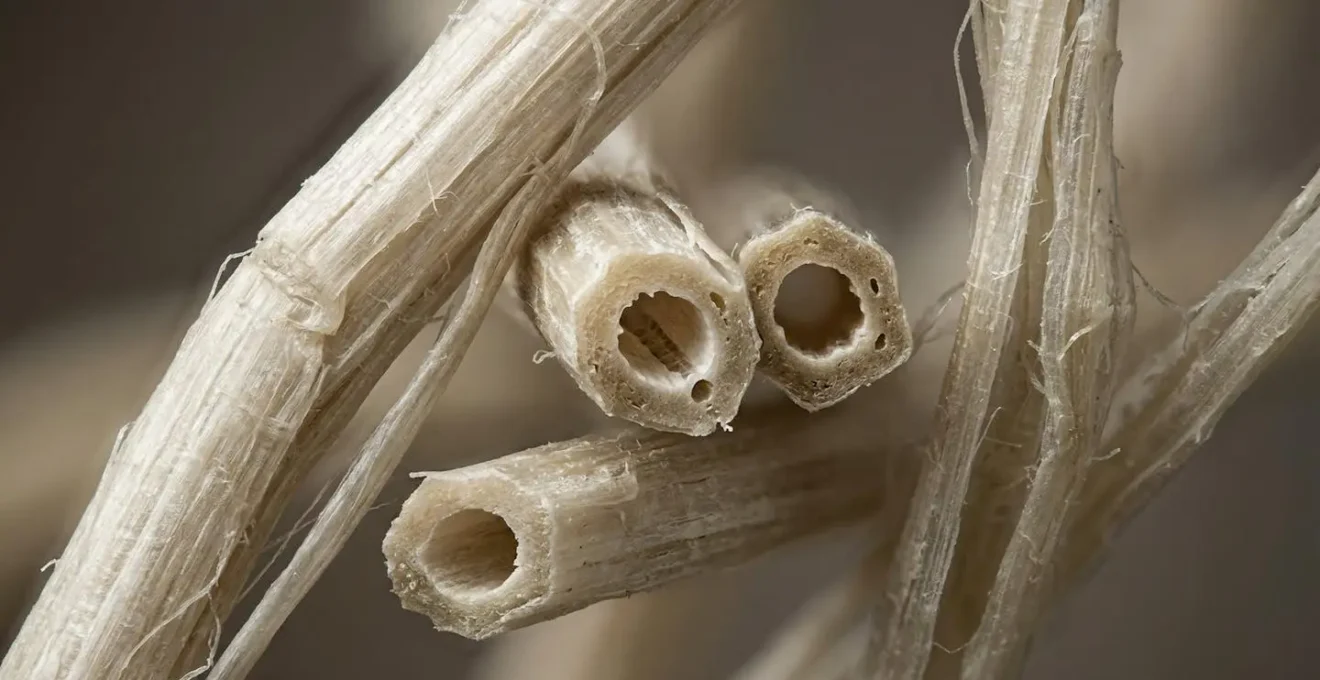 Vista macro delle fibre di lino naturale con struttura cava visibile