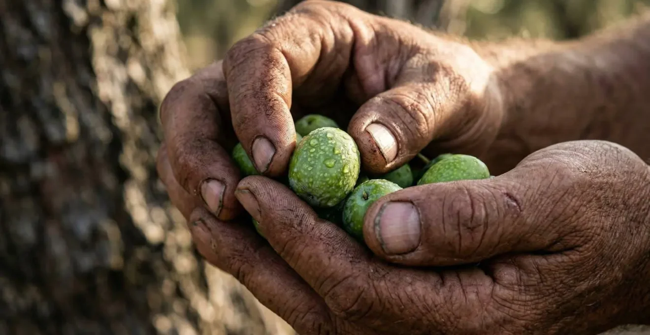 Mani esperte che raccolgono delicatamente olive verdi dall'albero