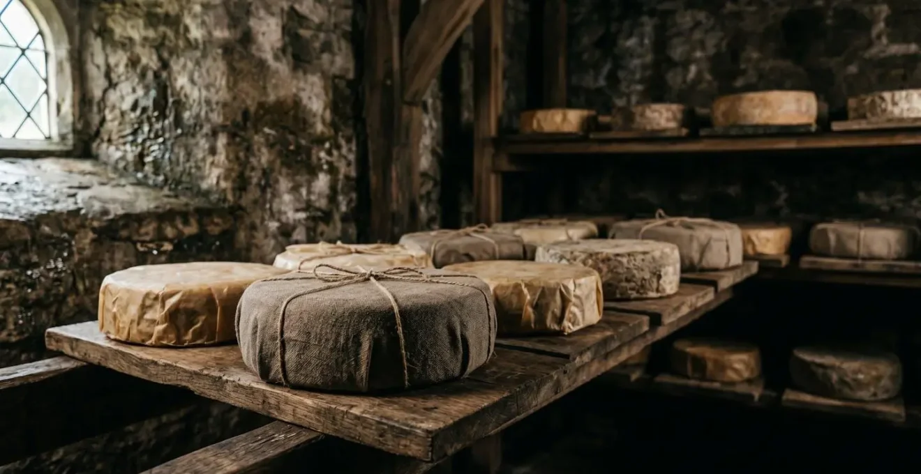 Forme di formaggio avvolte in carta oleata su ripiani di legno in una cantina tradizionale