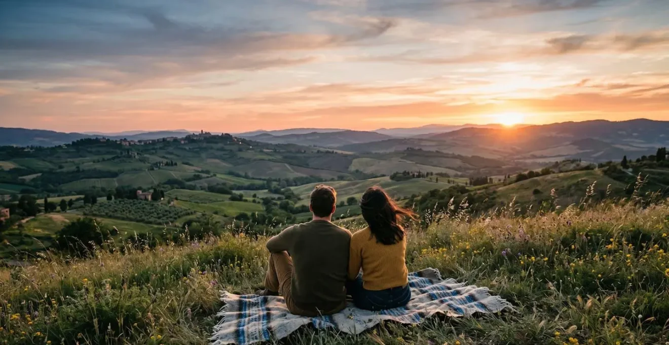 Coppia seduta su una coperta che contempla il tramonto dalle colline toscane