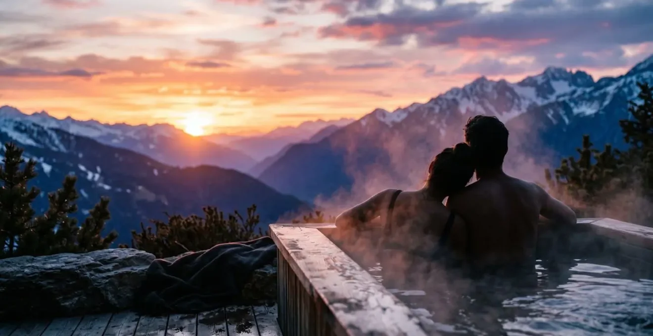 Due persone immerse in una vasca idromassaggio all'aperto mentre osservano il tramonto dietro le montagne