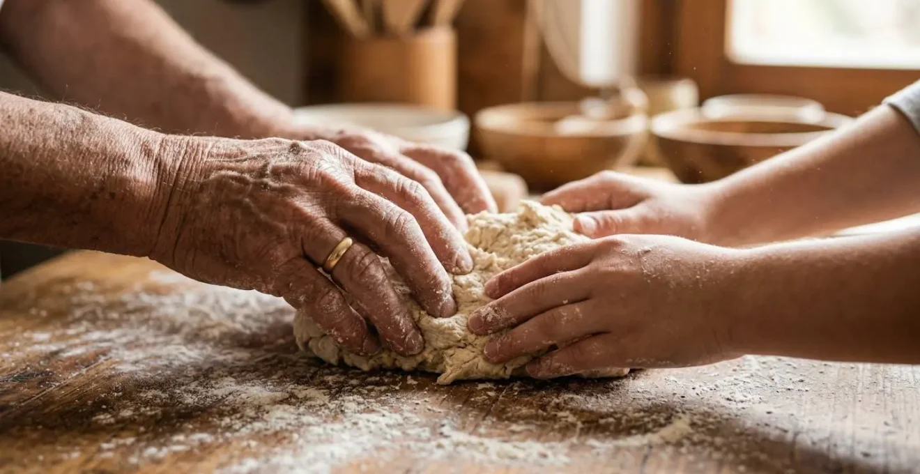 Mani che preparano la pasta fresca insieme in una cucina rustica