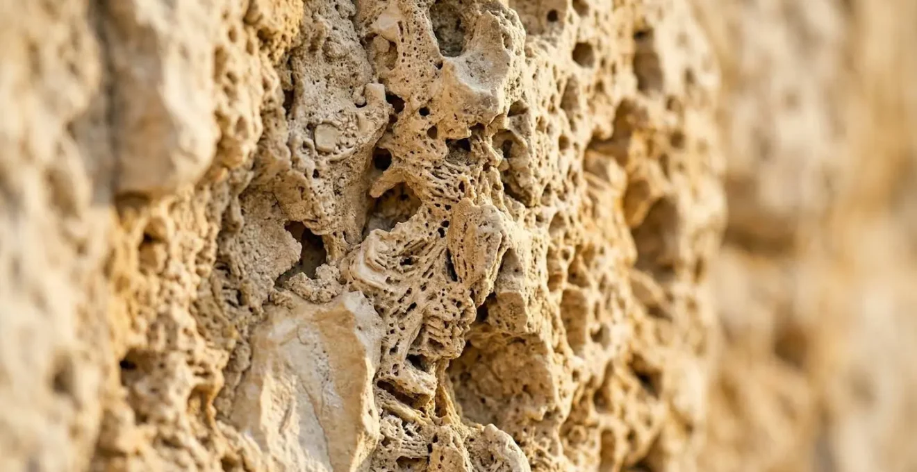 Dettaglio macro della texture di un muro in pietra leccese di masseria