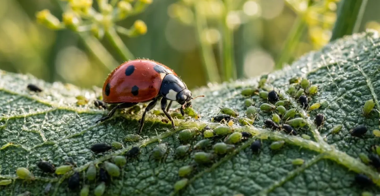 Macro ravvicinata di coccinella su foglia con afidi e fiori di aneto sullo sfondo