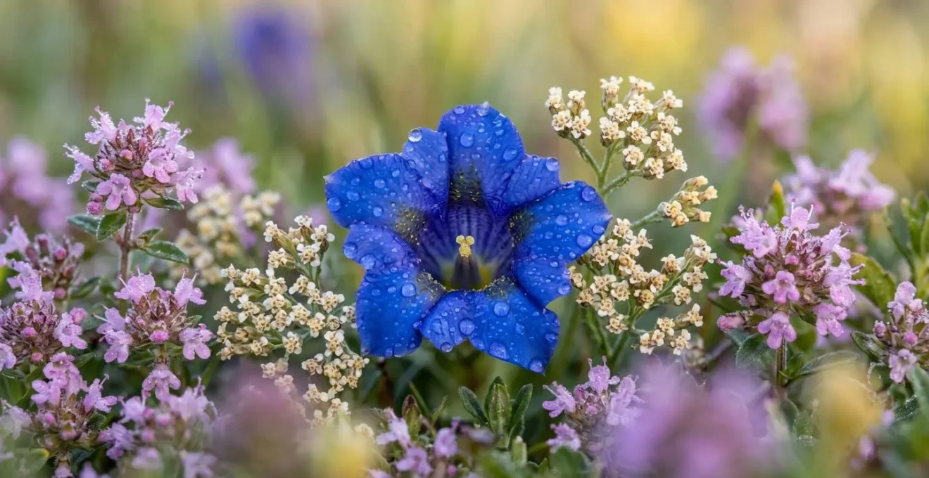 Dettaglio macro di fiori alpini e erbe aromatiche di montagna con rugiada mattutina