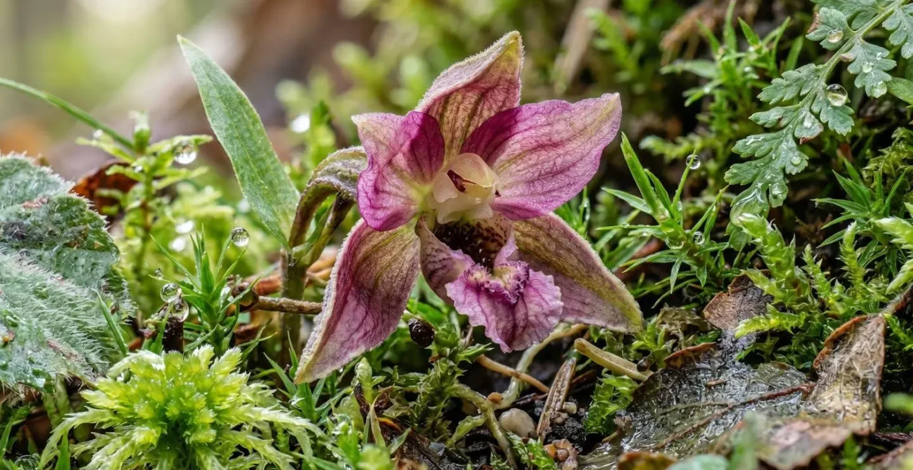 Dettaglio macro di orchidea selvatica con perfetta nitidezza sia del fiore che dell'habitat circostante ottenuta tramite focus stacking
