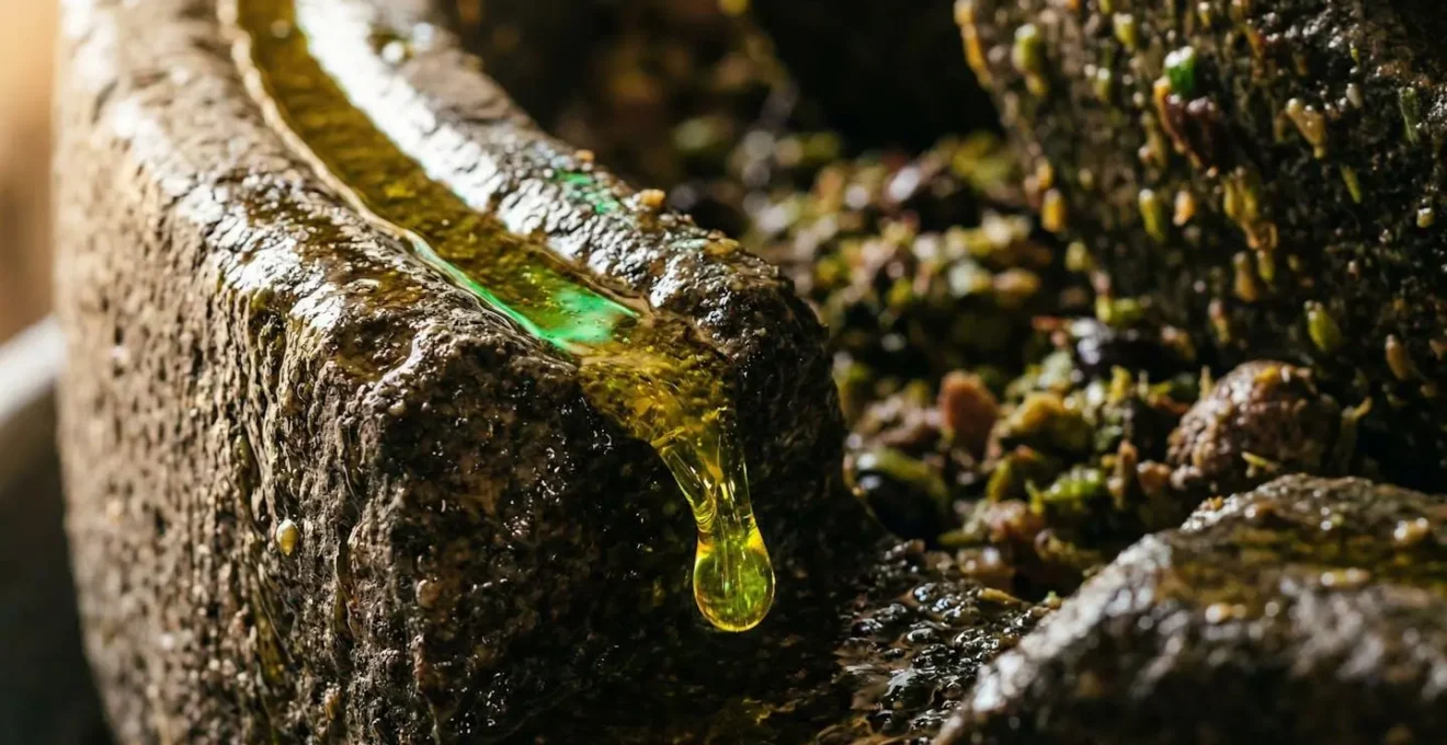 Frantoio tradizionale con macine in pietra durante la produzione dell'olio nuovo