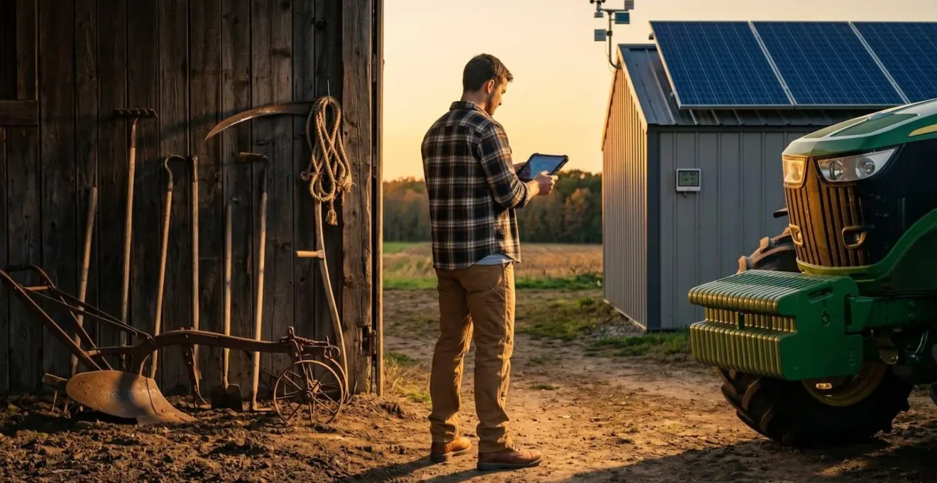 Giovane agricoltore che utilizza tecnologie digitali nel campo con trattore moderno sullo sfondo
