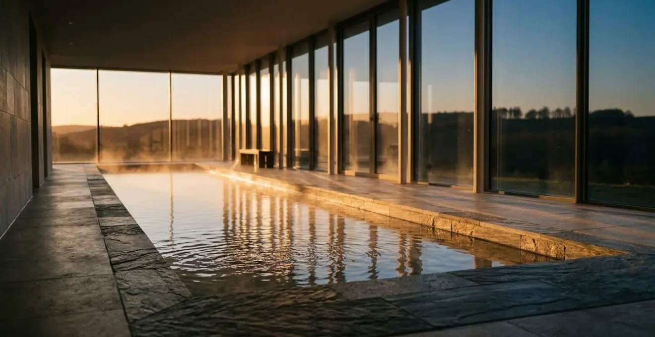 Piscina spa illuminata dalla luce dorata del tramonto attraverso grandi vetrate