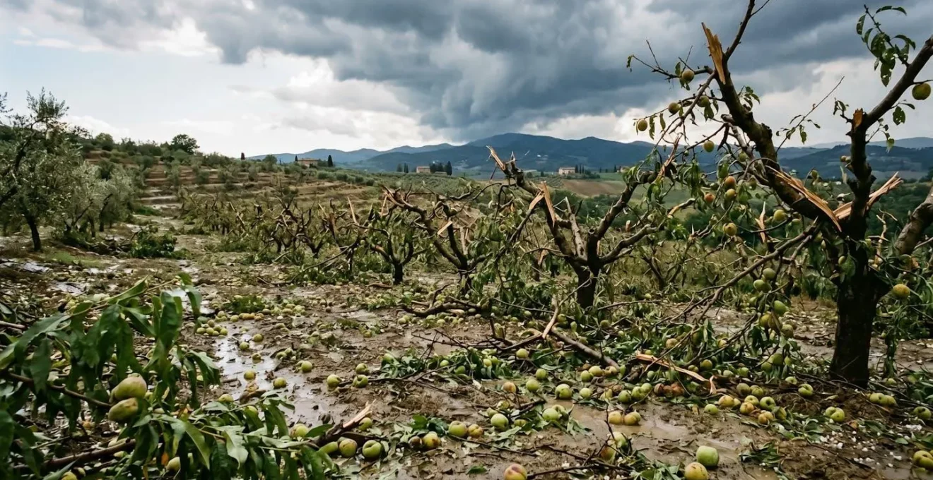 Campo di frutta devastato dalla grandine con alberi danneggiati e frutti caduti a terra