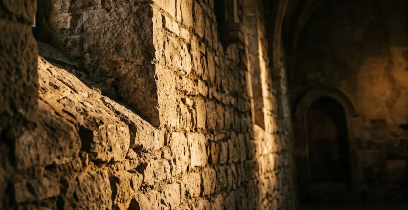 Parete in pietra illuminata da luce radente calda al tramonto