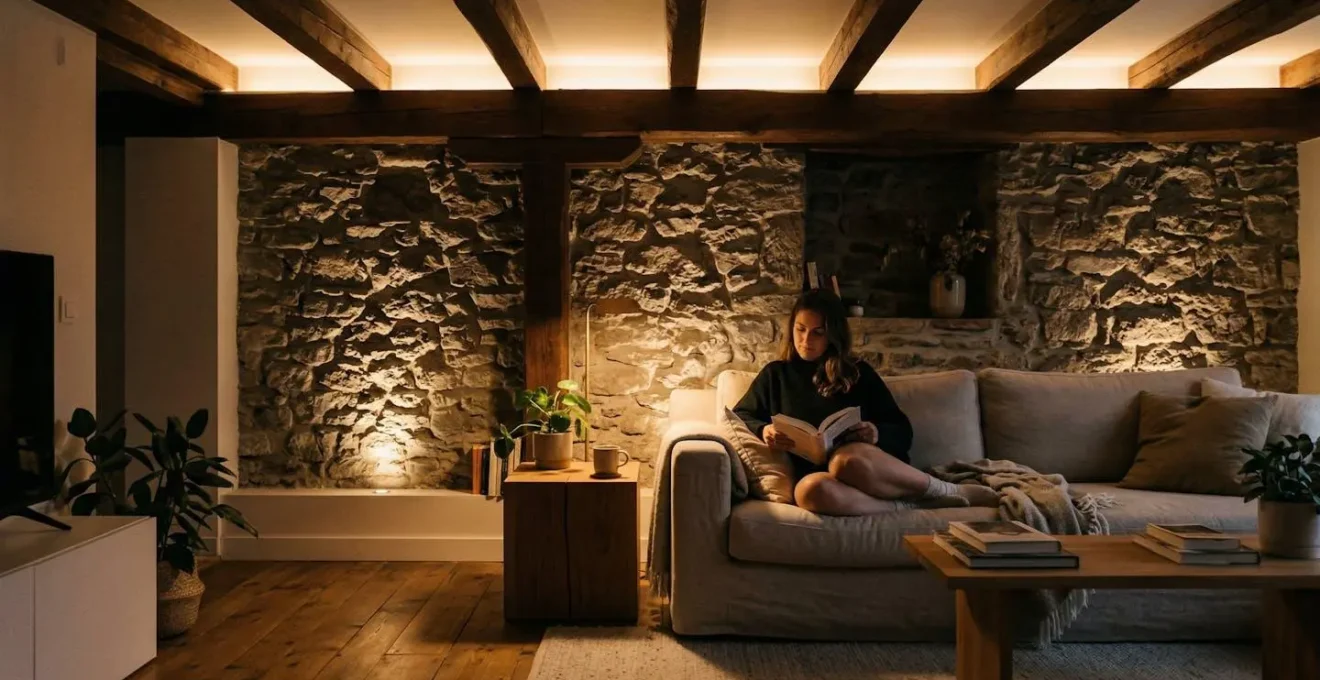 Sistema di illuminazione a strati in ambiente con travi a vista e design contemporaneo