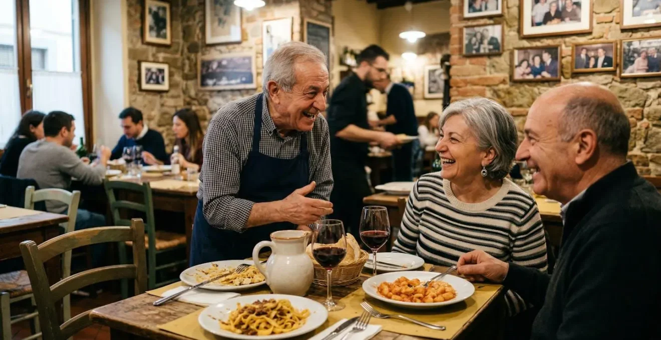 Vista dell'interno di una trattoria italiana con tavoli in legno e atmosfera familiare