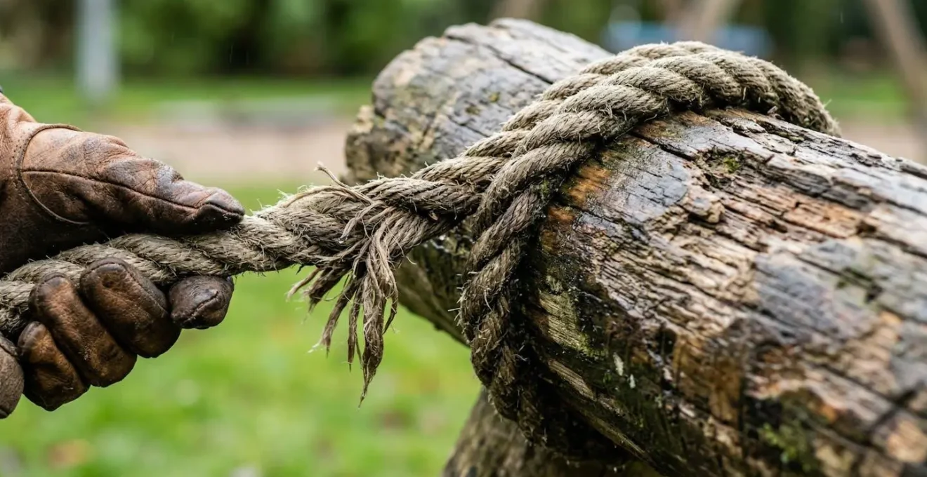 Dettaglio macro di corde e legno che mostrano segni di usura da verificare