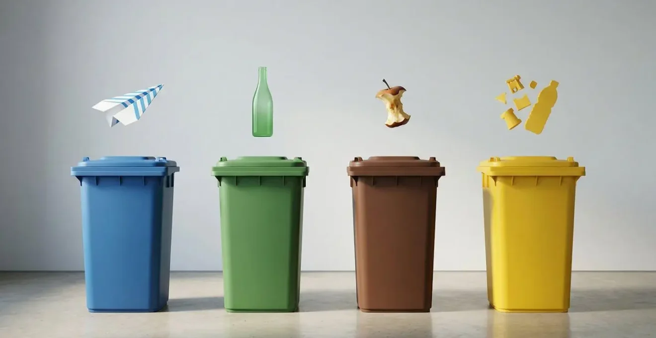 Sistema di contenitori colorati con istruzioni visive per la raccolta differenziata