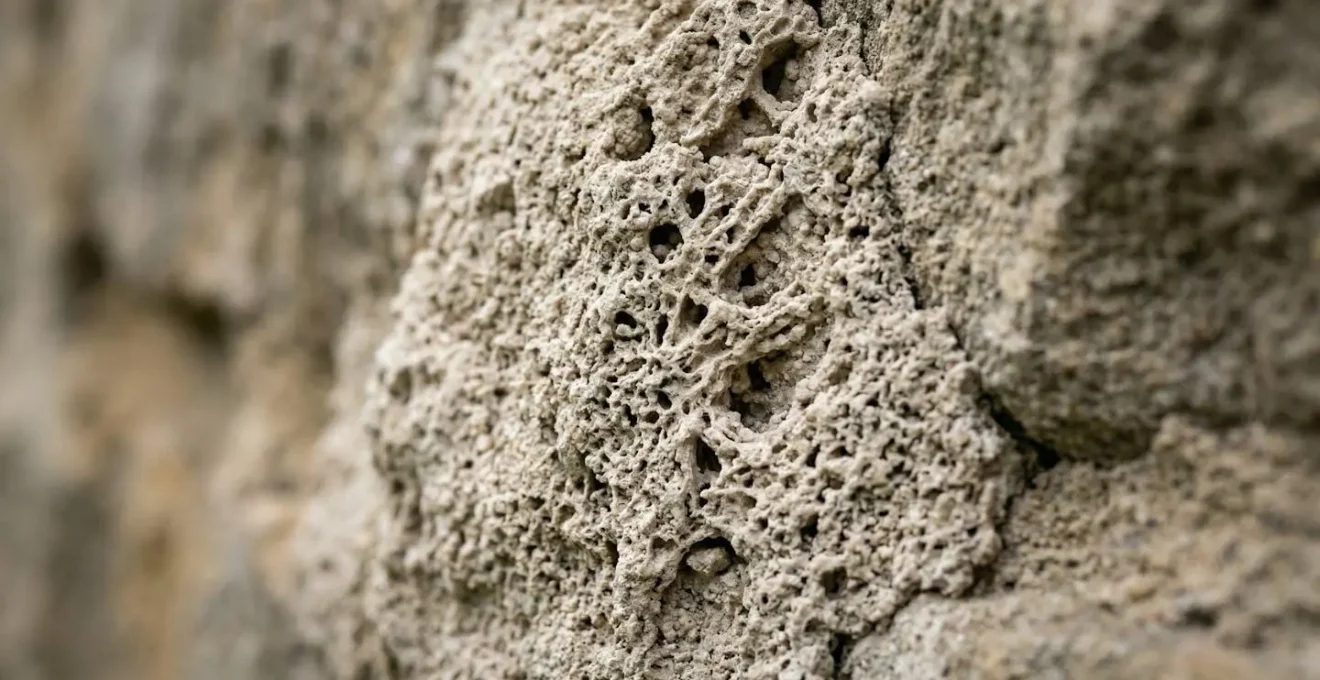 Vista macro ravvicinata della malta a calce che mostra la struttura porosa naturale
