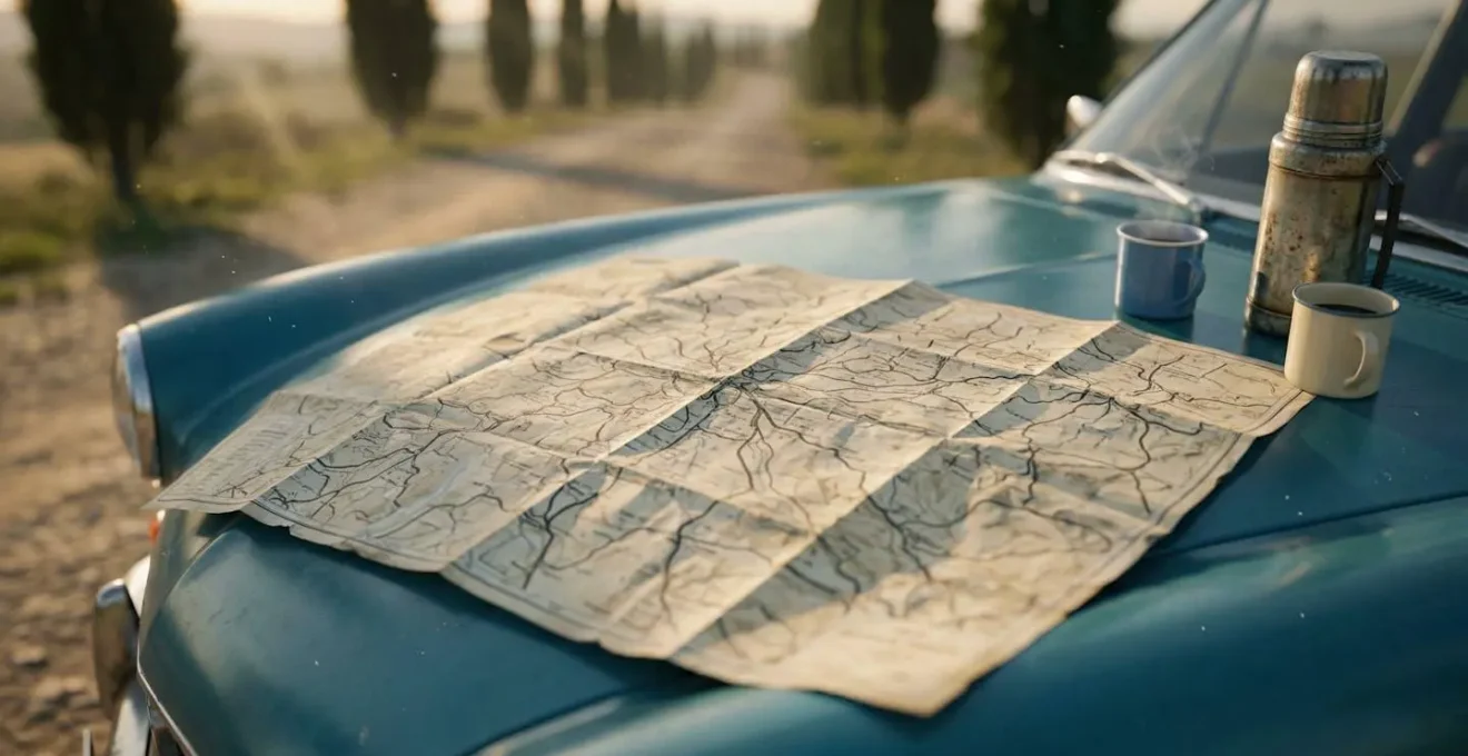Mappa cartacea aperta sul cofano di un'auto parcheggiata in una strada di campagna
