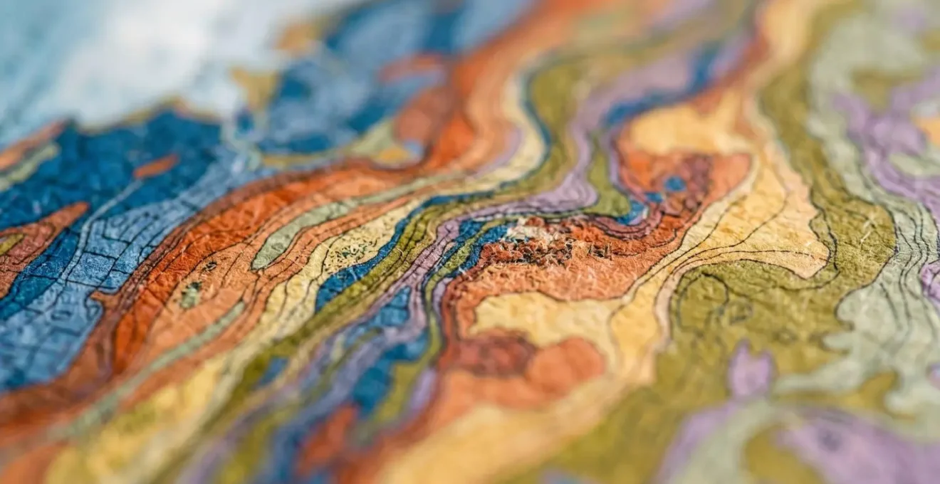 Primo piano di una mappa geologica colorata con strati di terreno visibili
