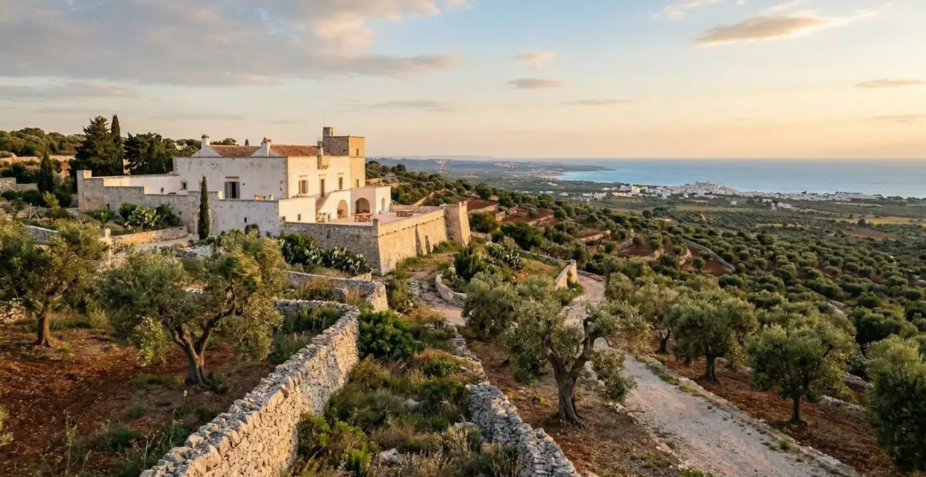 Masseria su collina pugliese con vista panoramica sul mare Adriatico
