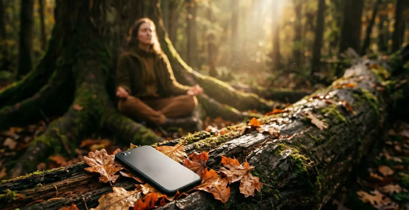 Persona seduta in meditazione nel bosco con smartphone appoggiato lontano su un tronco