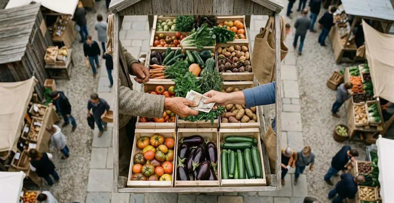 Scambio diretto tra contadino e cliente al mercato locale con verdure fresche
