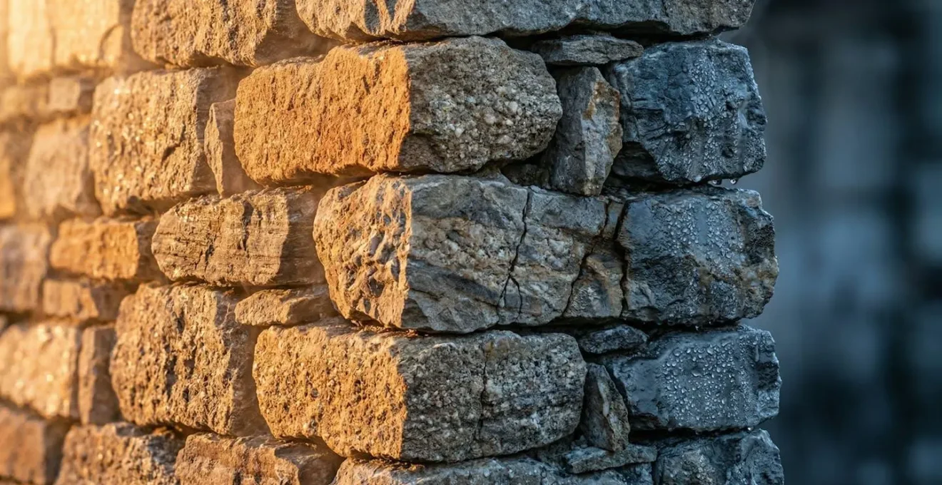 Sezione di muro in pietra che mostra l'accumulo e rilascio del calore durante il giorno e la notte