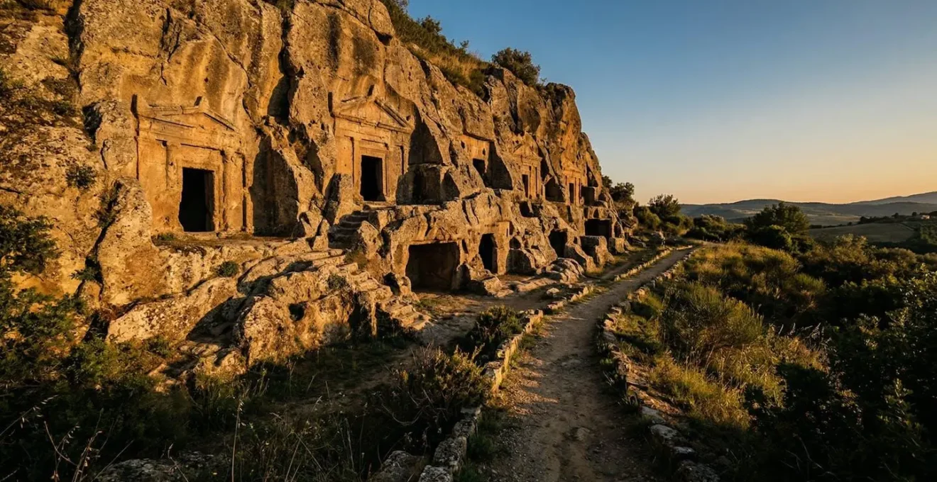 Tombe etrusche scavate nel tufo illuminate dal sole del tramonto