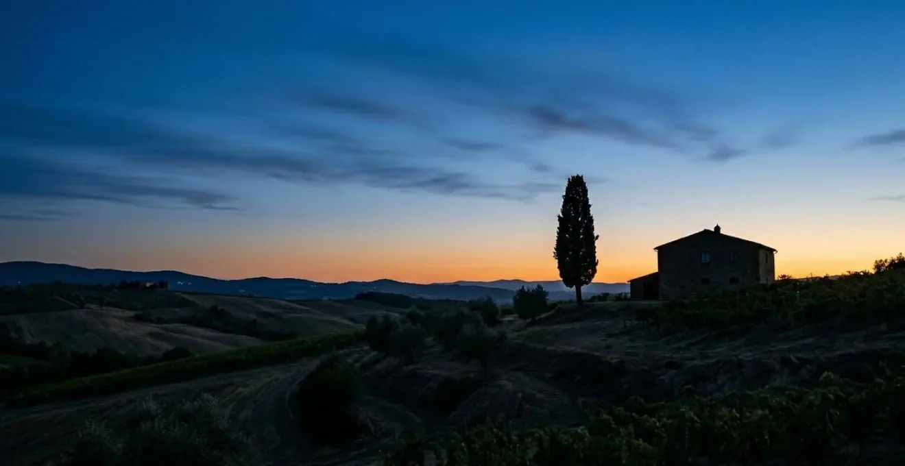 Collina italiana durante l'ora blu con silhouette di alberi e casolare