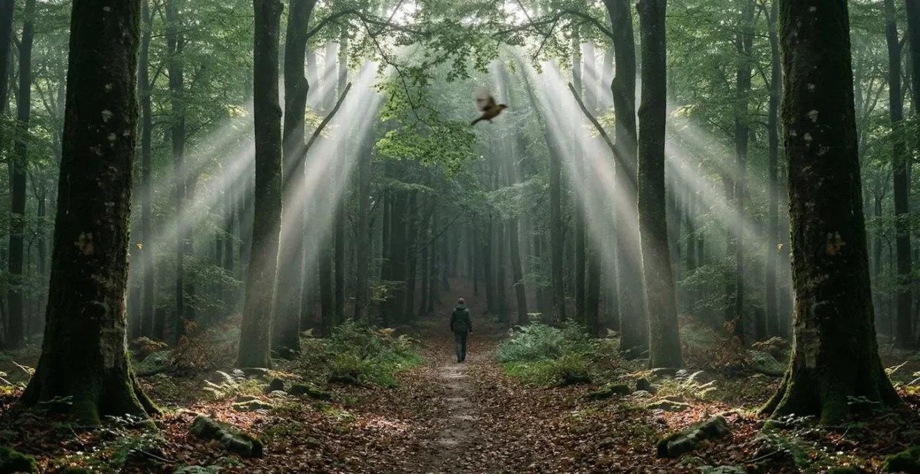 Bosco italiano con raggi di luce che filtrano tra gli alberi creando un'atmosfera tranquilla