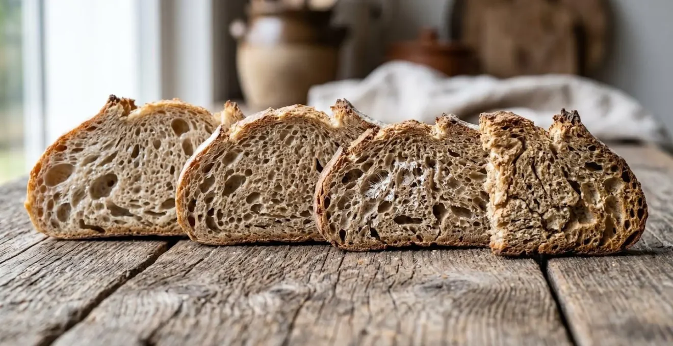 Diversi stadi di pane raffermo su un tavolo rustico in legno, a mostrare la trasformazione della sua texture.