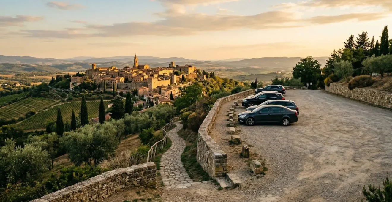Parcheggio panoramico con vista su borgo medievale italiano al tramonto