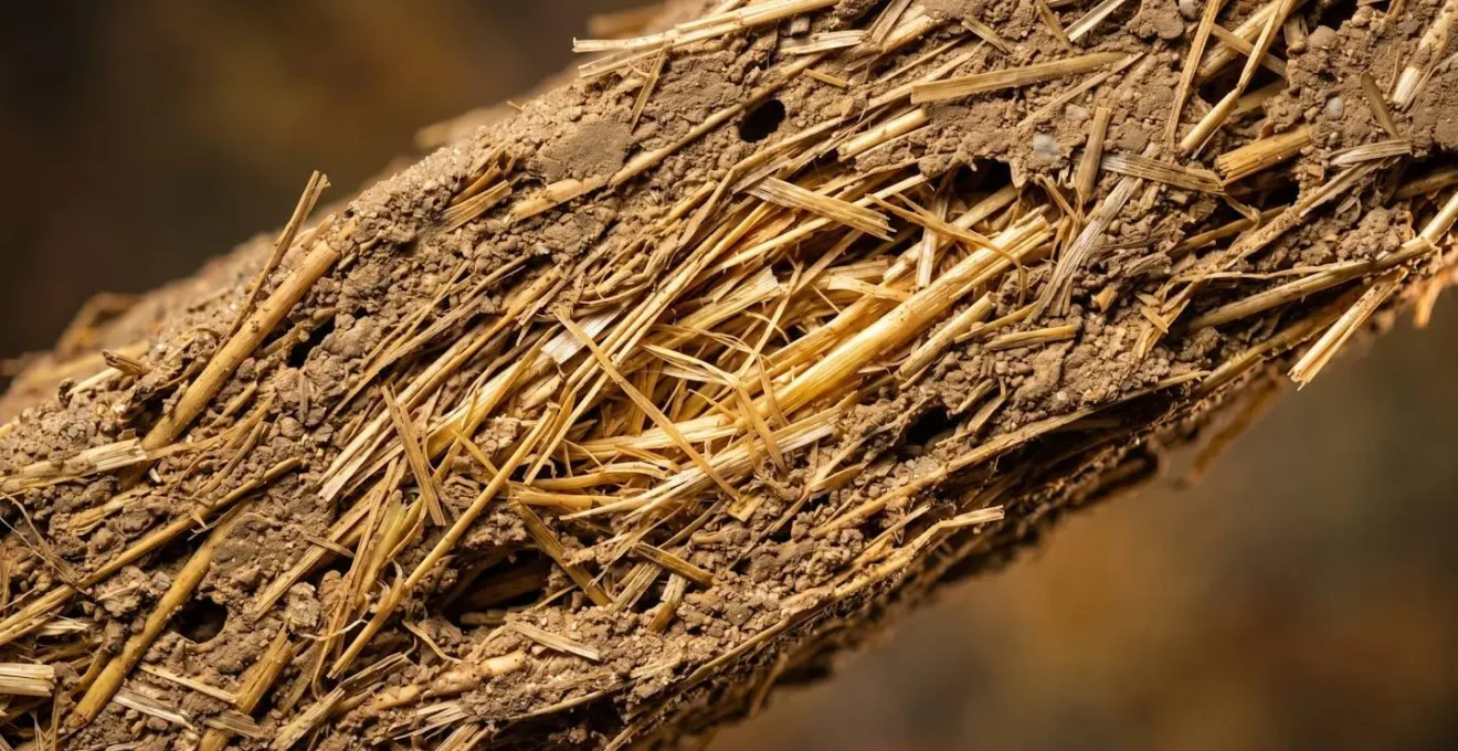 Sezione trasversale di una parete in paglia che mostra la struttura porosa e traspirante