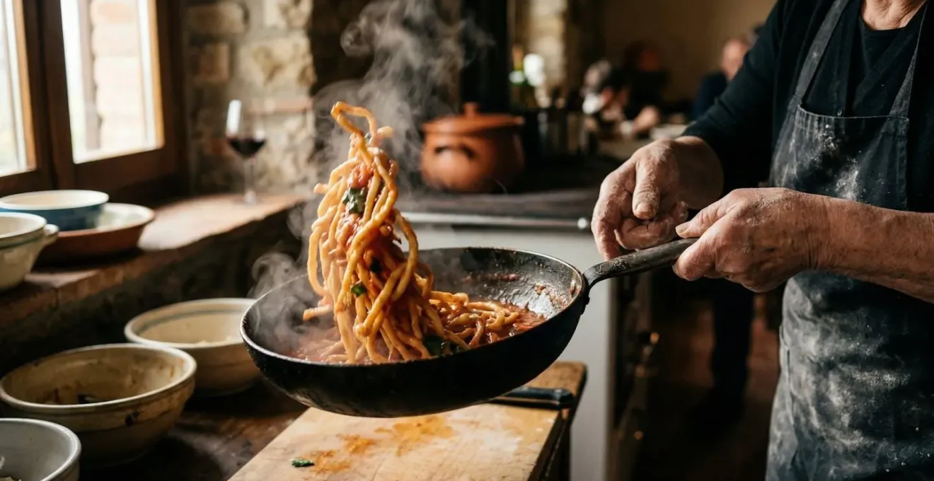 Preparazione tradizionale dei pici senesi con mantecatura in padella