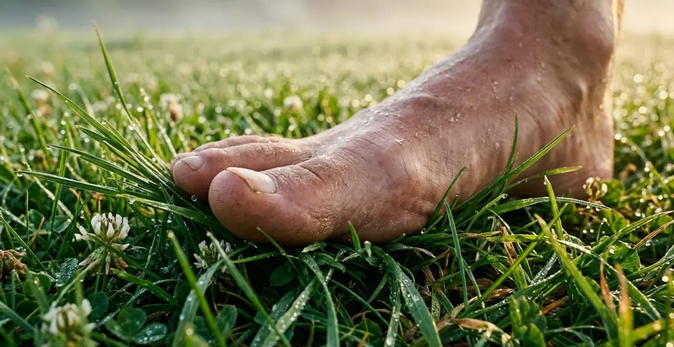 Dettaglio macro dei piedi nudi su erba bagnata di rugiada mattutina