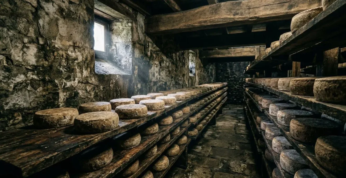 Forme di formaggio in stagionatura su scaffali di legno in una cantina tradizionale con luce naturale