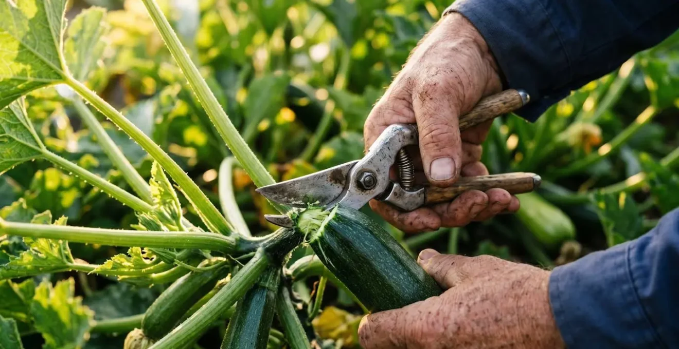 Mani che tagliano delicatamente una zucchina con forbici da giardino, mostrando il taglio corretto del picciolo