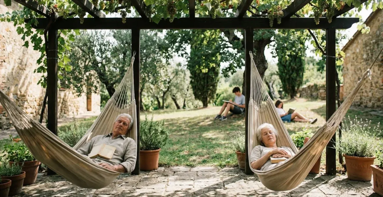 Nonni che riposano su amache all'ombra mentre i nipoti giocano in giardino