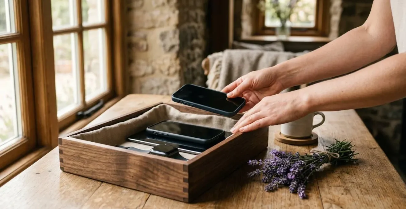 Scatola di legno artigianale su tavolo rustico in agriturismo per riporre dispositivi