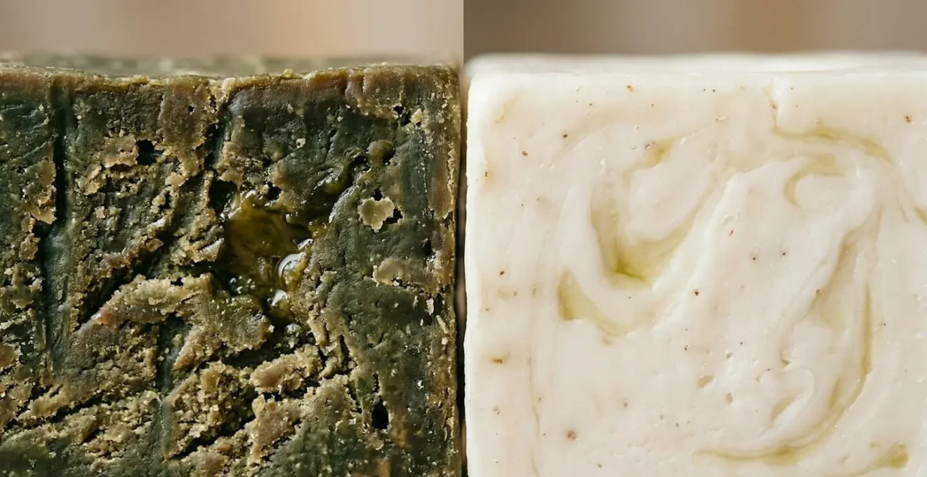 Confronto tra la texture verde del sapone di Aleppo e quella bianca del sapone di Marsiglia per pelli sensibili
