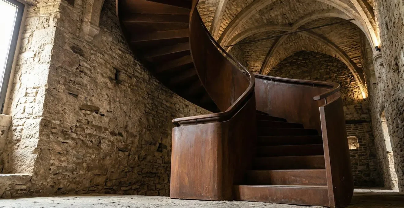 Scala in acciaio Corten che attraversa uno spazio con muri in pietra antica