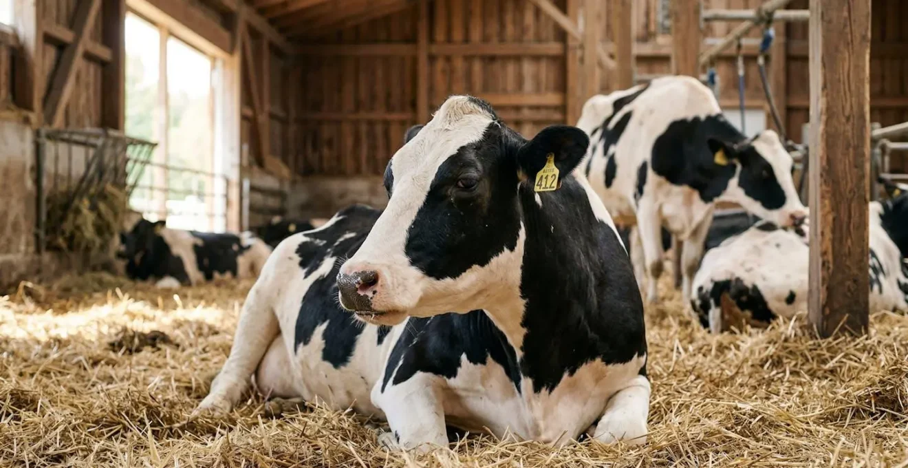 Dettagli ravvicinati di una mucca che rumina pacificamente, segno di benessere animale in una stalla pulita.